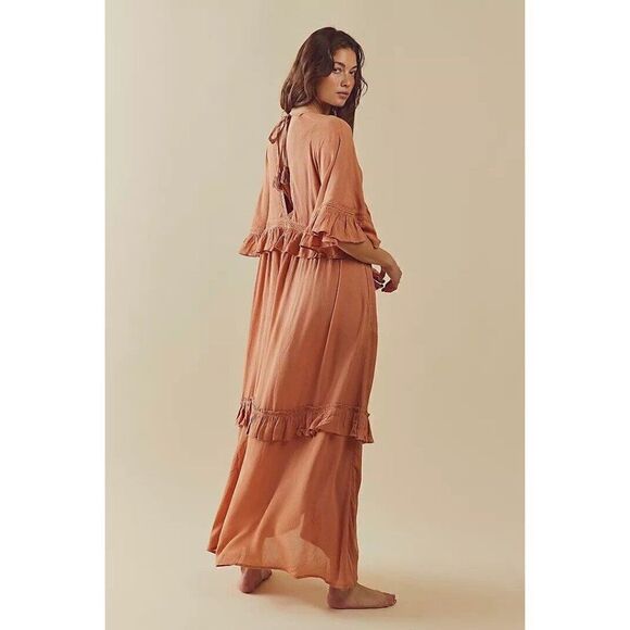 NWT FREE PEOPLE Sz XS PARADISO MAXI DRESS RUFFLE MAXI DRESS PEACHED COPPER - Picture 2 of 3